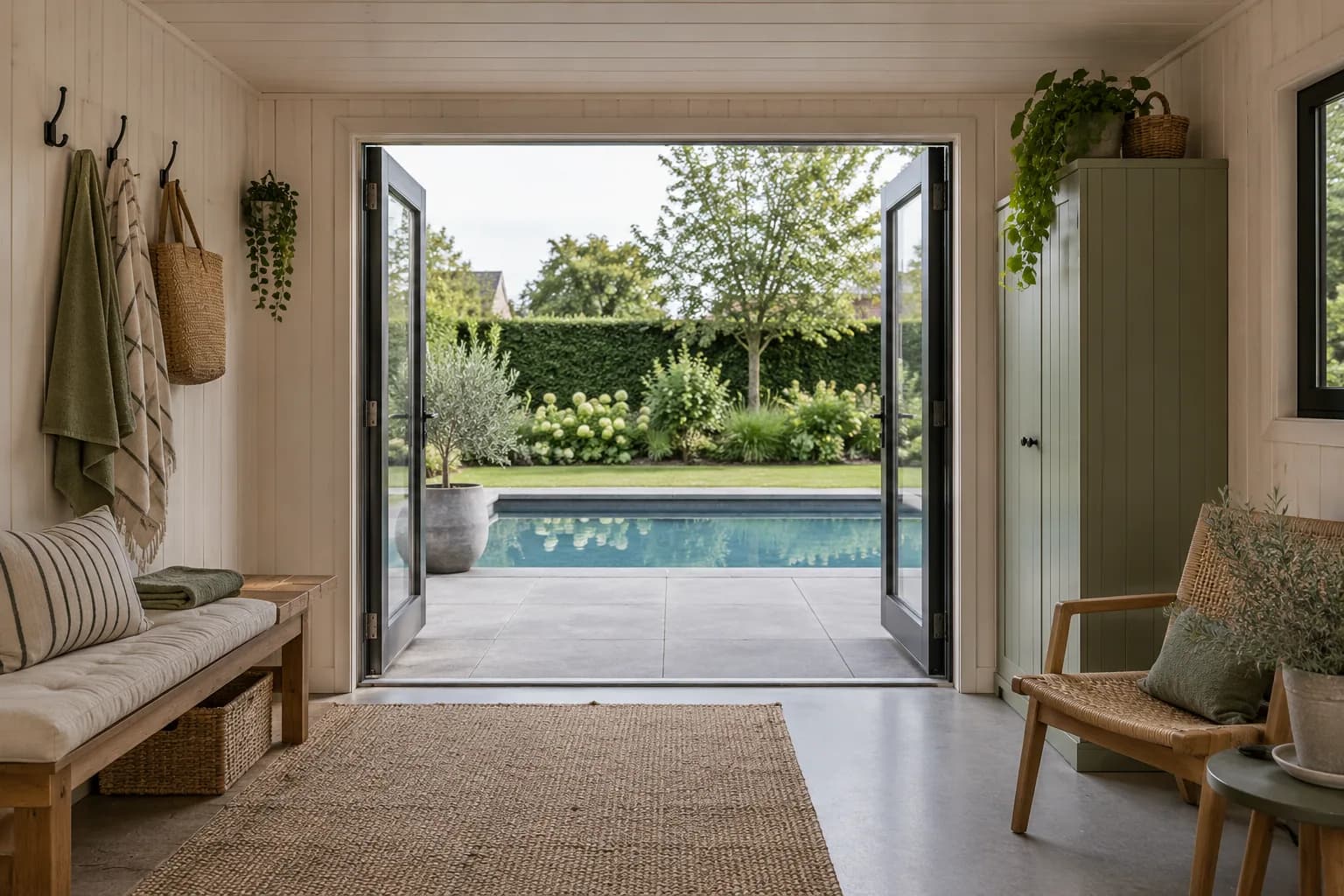 Intérieur d’un pool house avec banc et armoire, ouvert par deux portes vitrées sur la terrasse de la piscine.