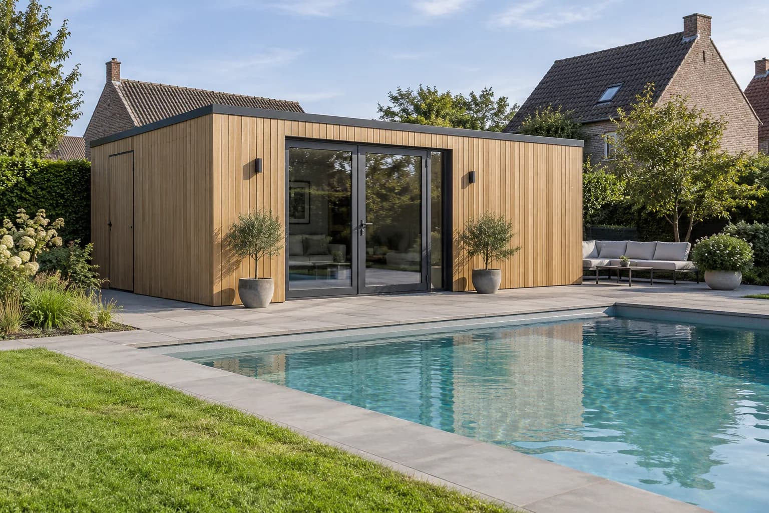 Pool house rectangulaire préfabriqué à bardage vertical et portes vitrées, installé à côté d’une piscine.