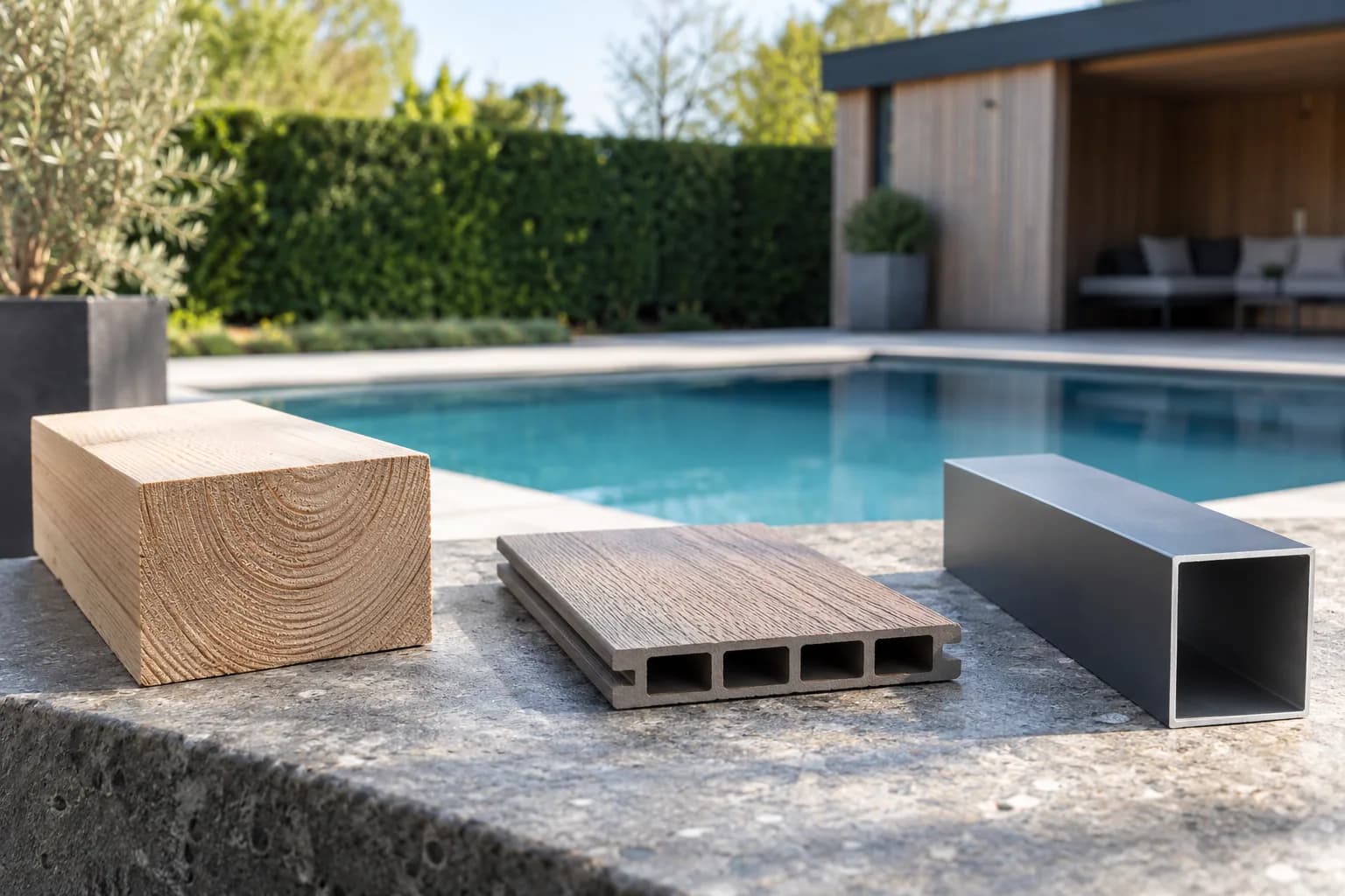 Échantillons de bois massif, de lame composite alvéolaire et de profilé aluminium pour choisir les matériaux d’un pool house.