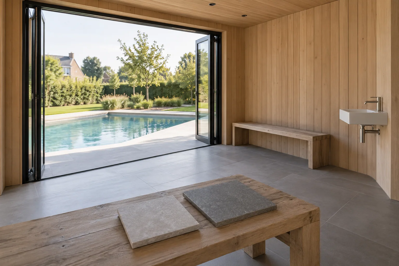 Deux échantillons de dallage présentés dans un pool house avec banc et lave-mains, ouvert sur la piscine.