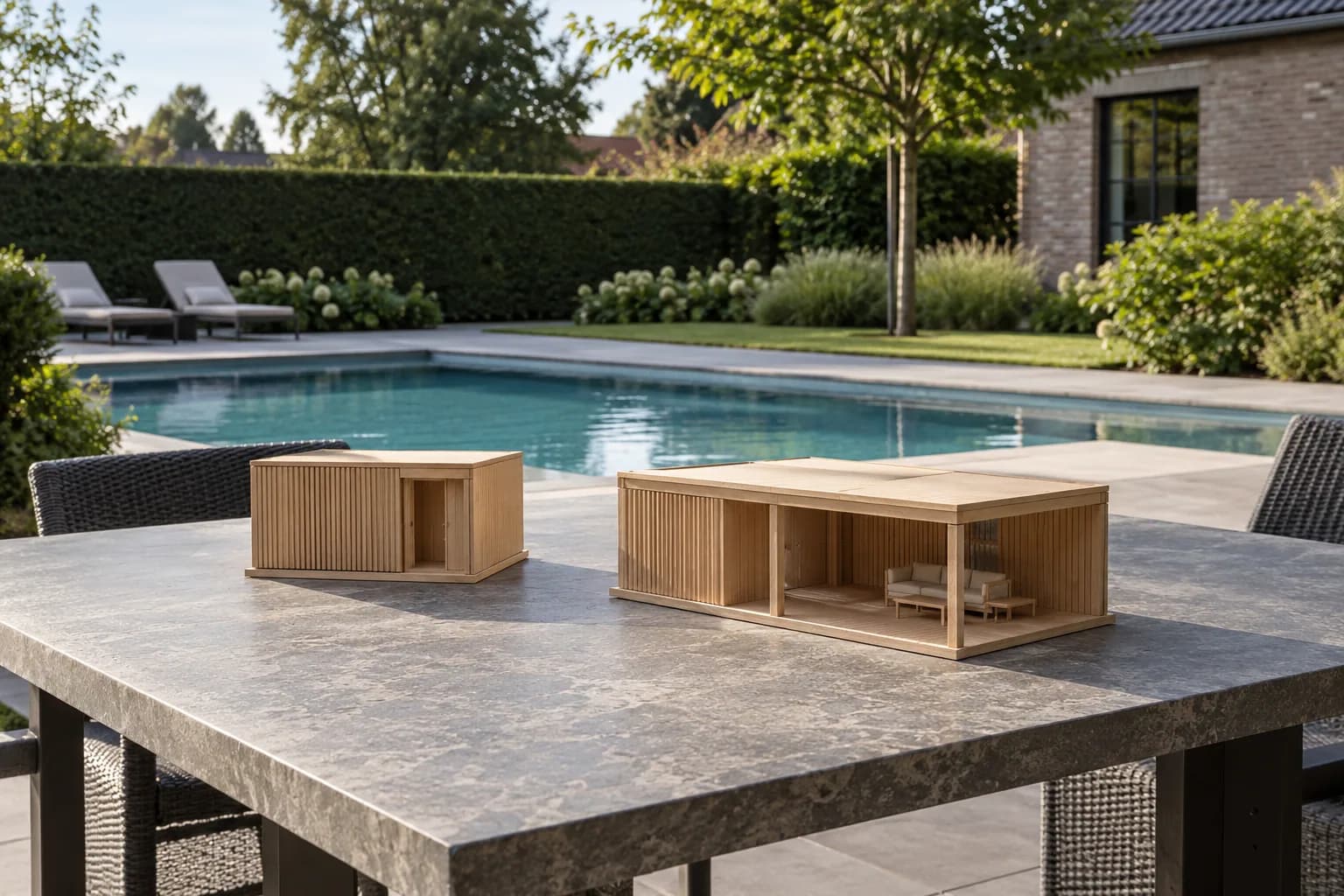 Deux maquettes de pool houses de tailles différentes comparées sur une table près d’une piscine.
