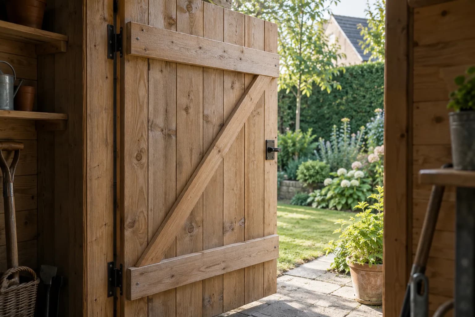 Face intérieure d’une porte de remise en bois, renforcée par deux traverses et une écharpe diagonale.