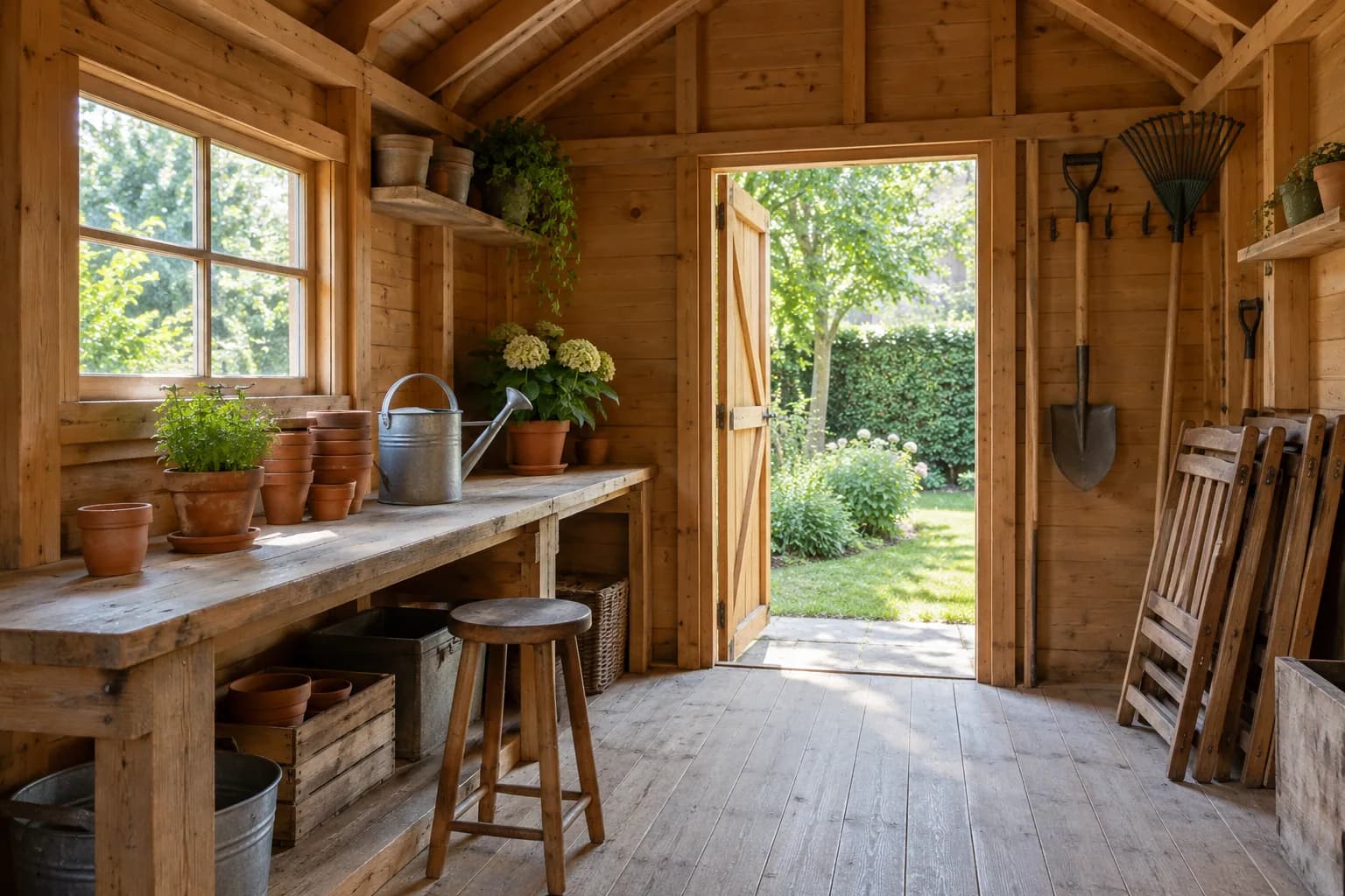 Établi de rempotage, outils suspendus et chaises pliées dans une remise en bois à charpente apparente.