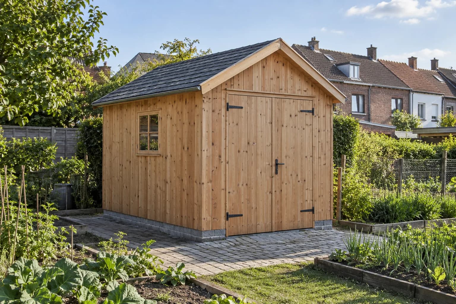 Remise en bois naturel avec toit à deux pans, portes doubles et petite fenêtre, installée près d’un potager.