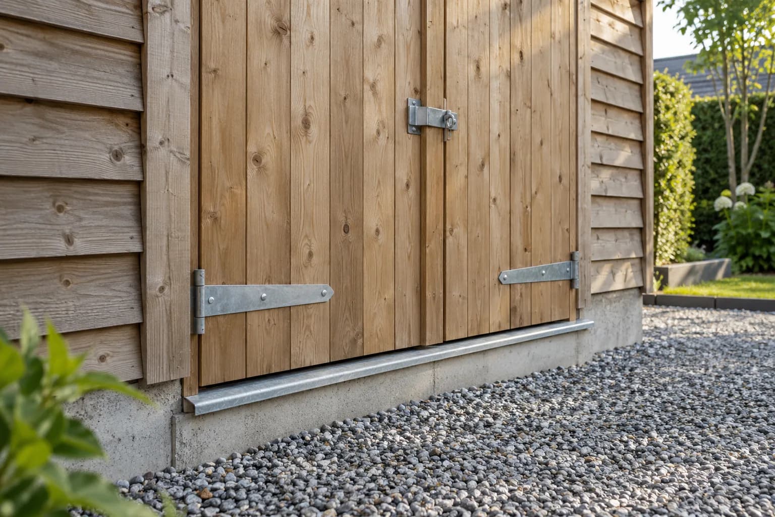 Porte de remise en bois avec ferrures galvanisées et seuil métallique sur une base béton bordée de gravier.