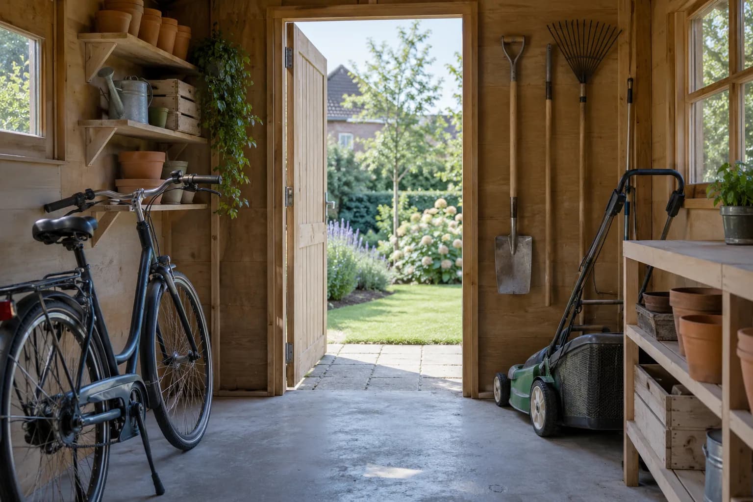 Vélo, tondeuse et outils rangés dans une remise, avec étagères solides et passage central dégagé.