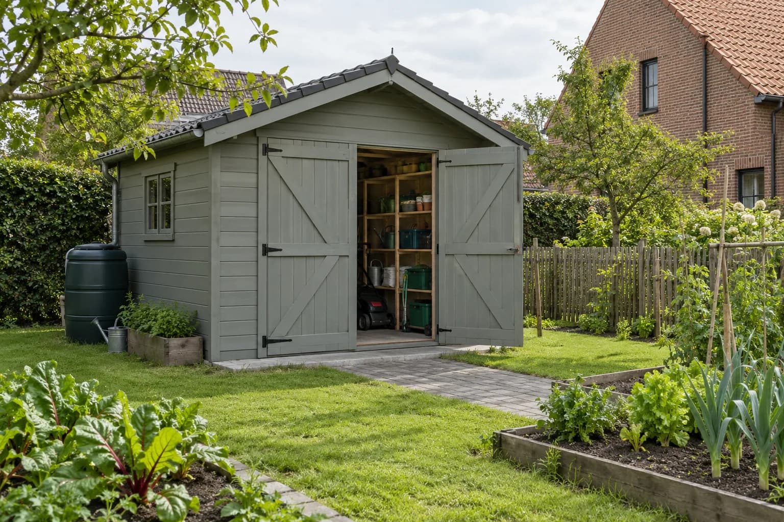Remise de jardin gris-vert avec portes doubles, accès pavé et rangement visible près d’un potager.