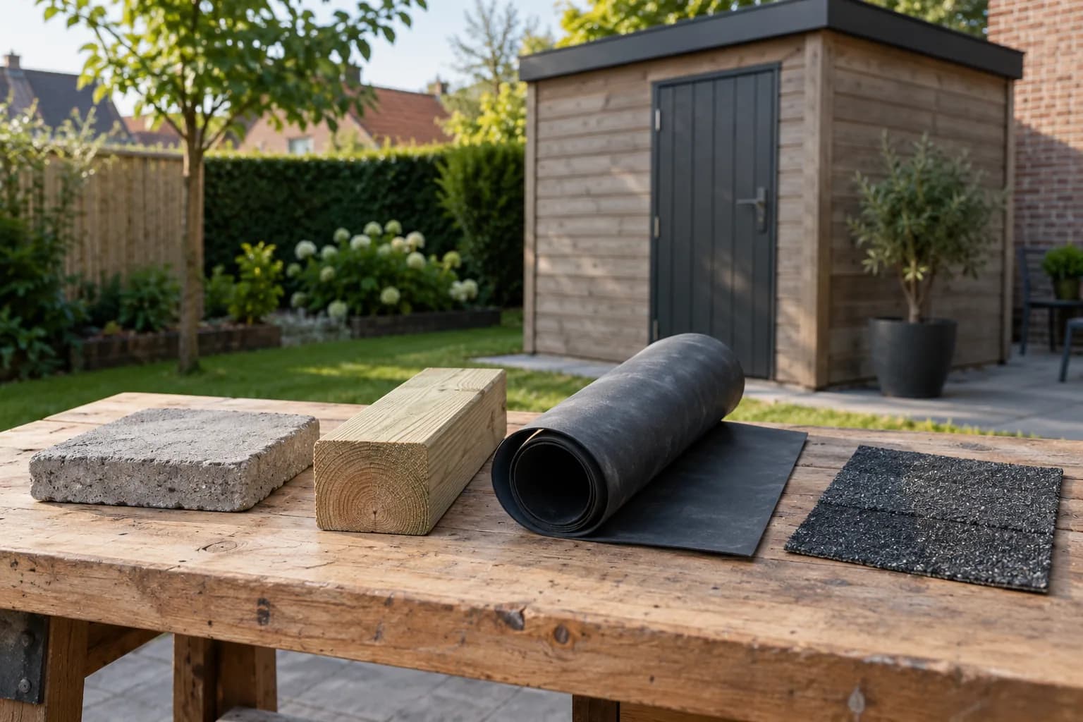 Échantillons de dalle béton, bois de structure, membrane noire et bardeau pour préparer le budget d’une remise.