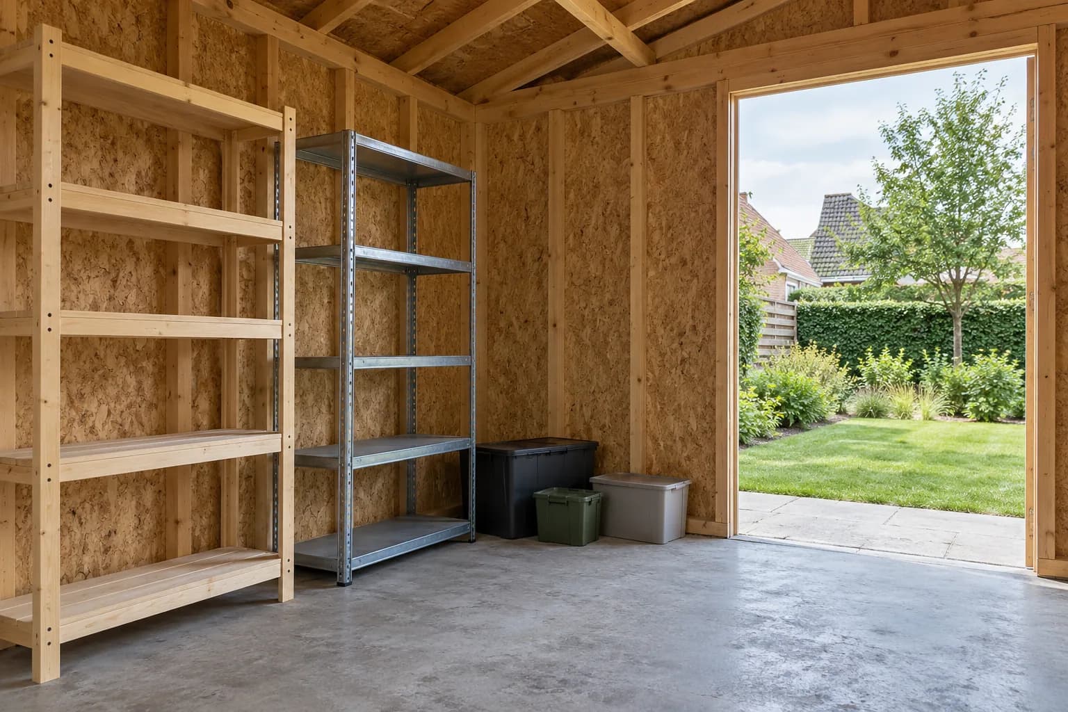 Étagères en bois et en métal comparées dans une remise non aménagée, avec coffres et sol béton.