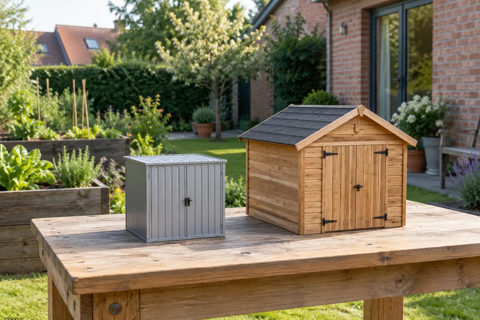 Maquettes d’une petite remise métallique et d’un abri en bois plus grand, comparées sur un établi de jardin.