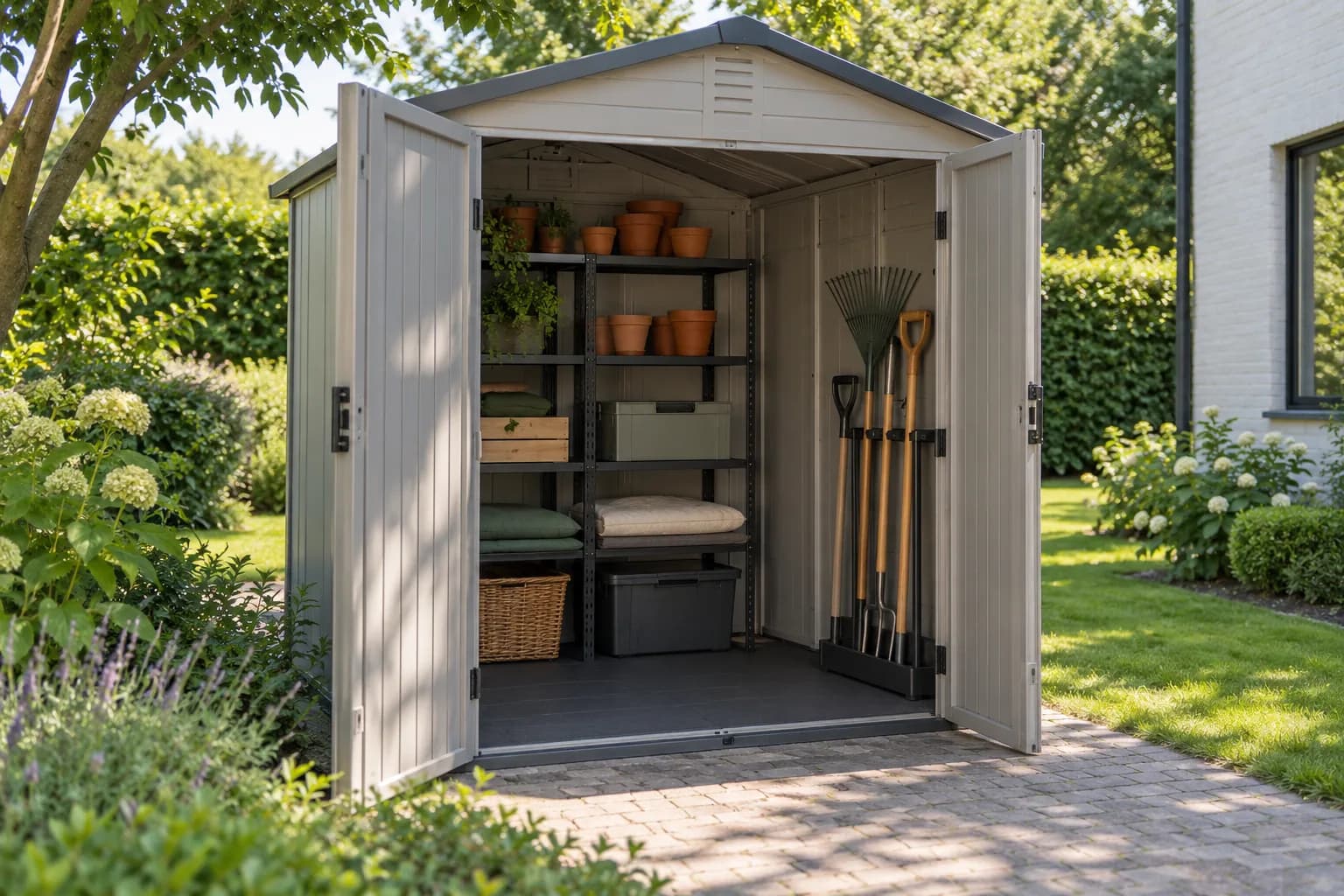 Remise en résine ouverte avec étagère de pots, coussins et coffres, ainsi qu’un support pour les outils longs.