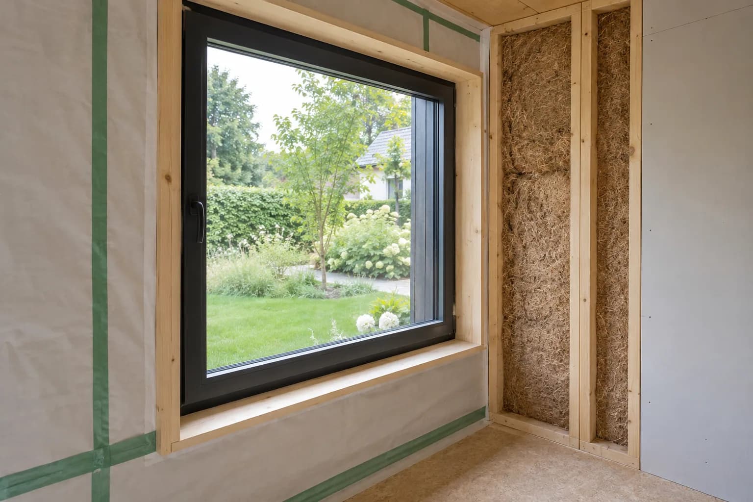 Fenêtre d'un studio en cours de finition, avec ossature bois, isolant fibreux et membrane raccordée.