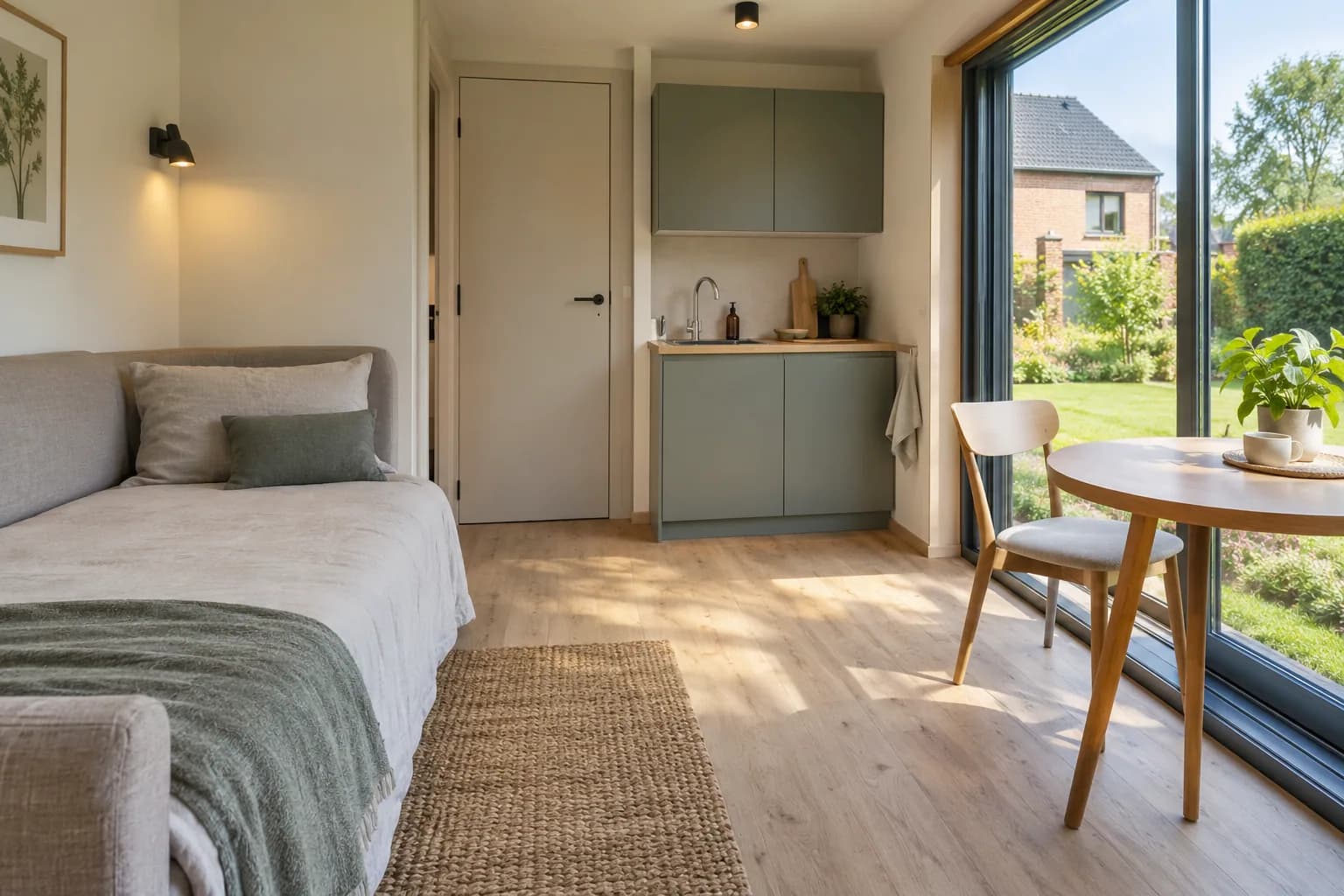 Intérieur compact d'un studio avec couchage, kitchenette et table près de la baie donnant sur le jardin.
