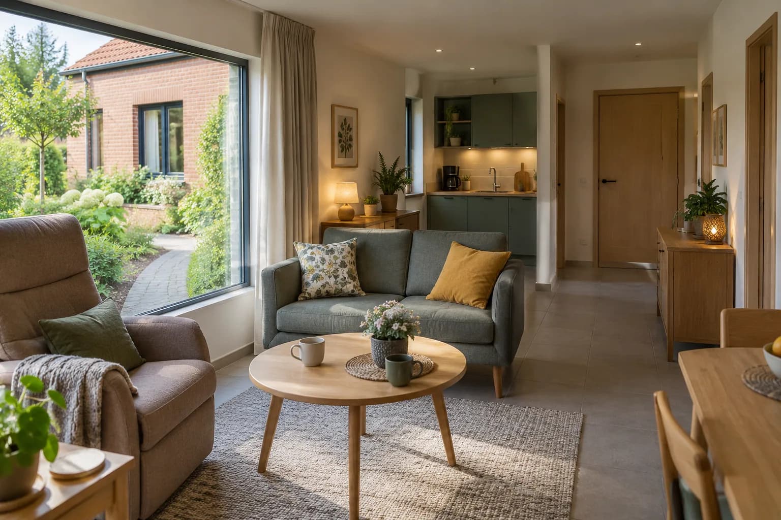 Séjour indépendant avec fauteuil, canapé et kitchenette, donnant sur la maison voisine du même jardin.