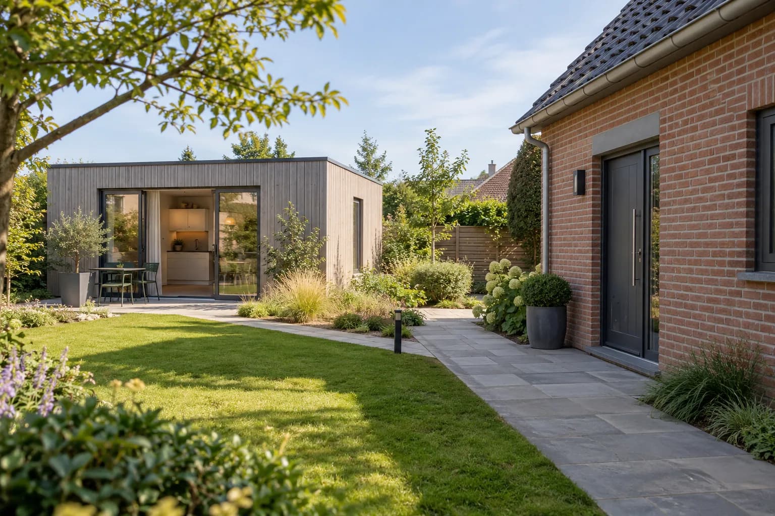 Logement de jardin indépendant relié à la maison principale par une allée pavée dans un jardin partagé.