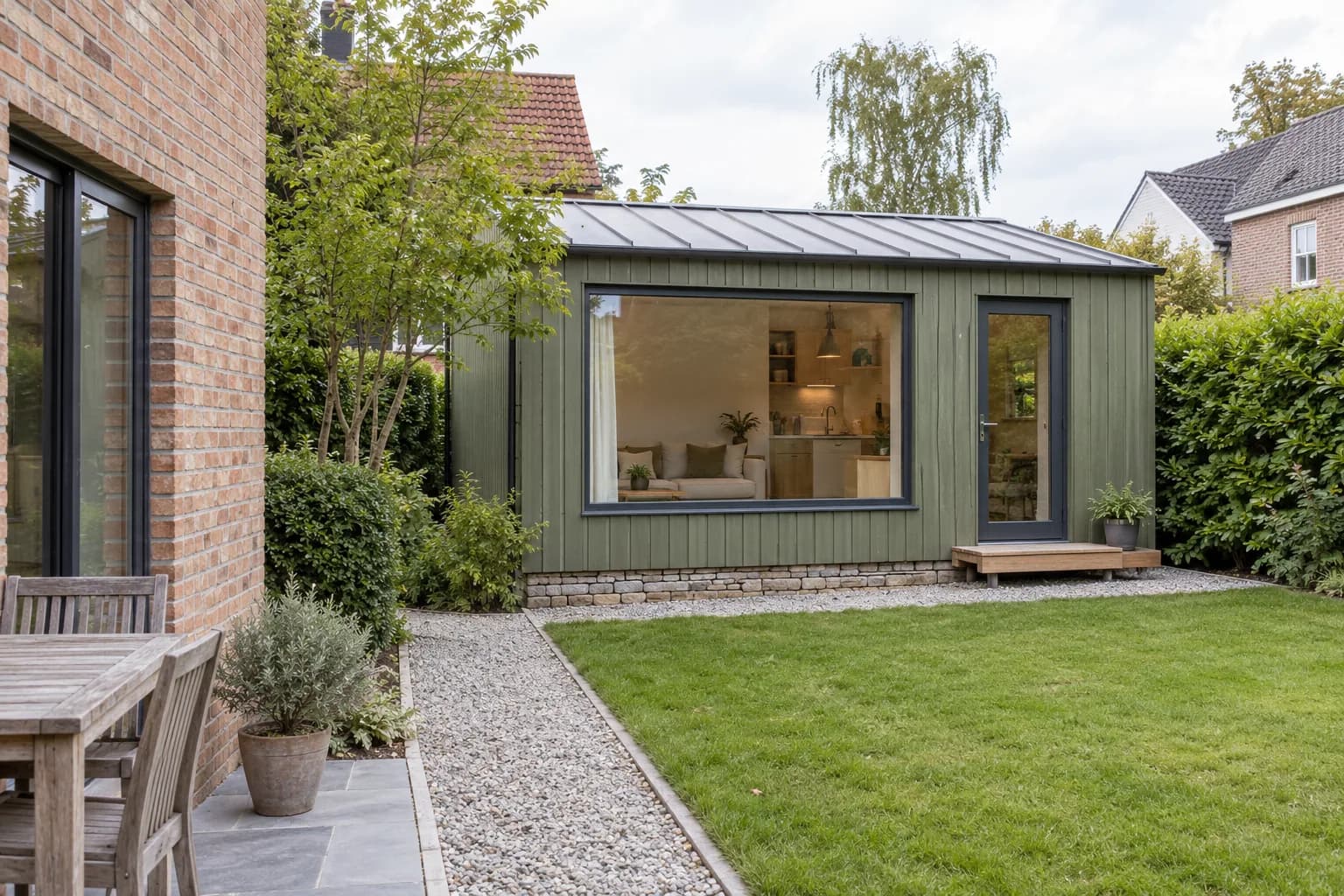 Studio de jardin au bardage vert avec grande fenêtre laissant voir un canapé et une kitchenette.