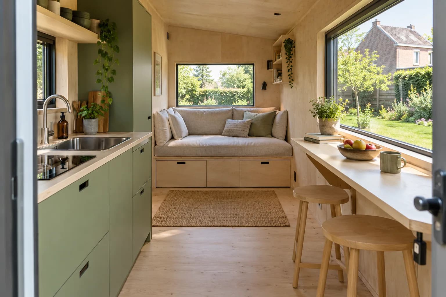 Intérieur compact avec kitchenette verte, banquette à tiroirs et tablette de repas devant une fenêtre.