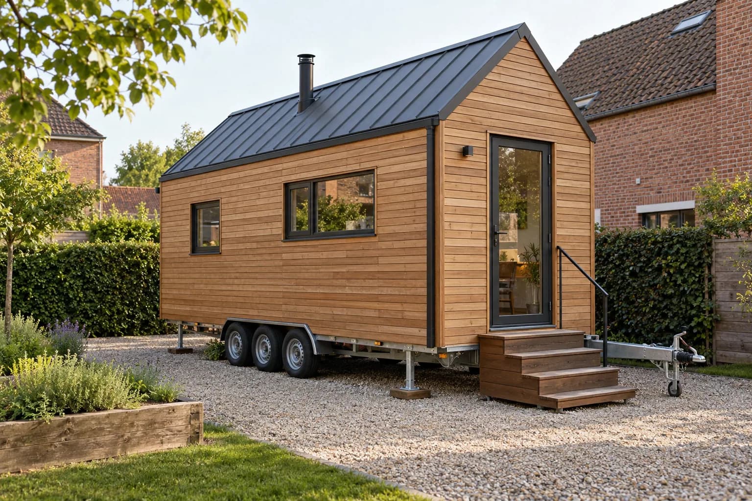 Tiny house en bois sur remorque à trois essieux, avec escalier et toiture métallique dans un jardin belge.
