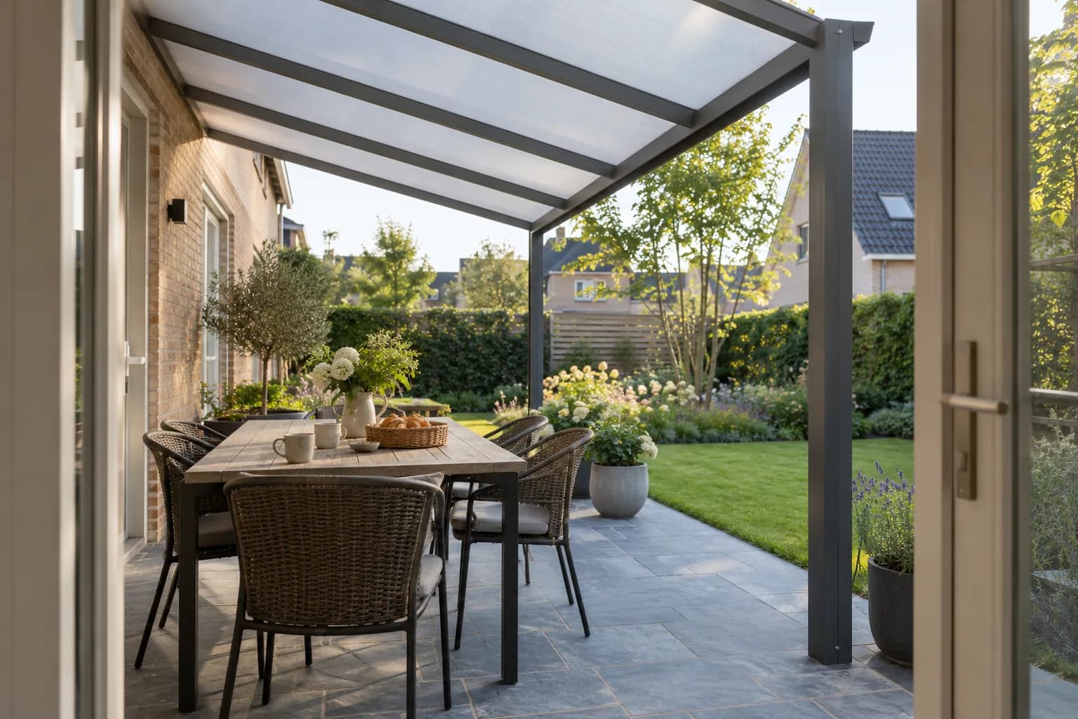 Vue depuis une porte ouverte sur une table abritée et un passage vers le jardin sous une toiture adossée.