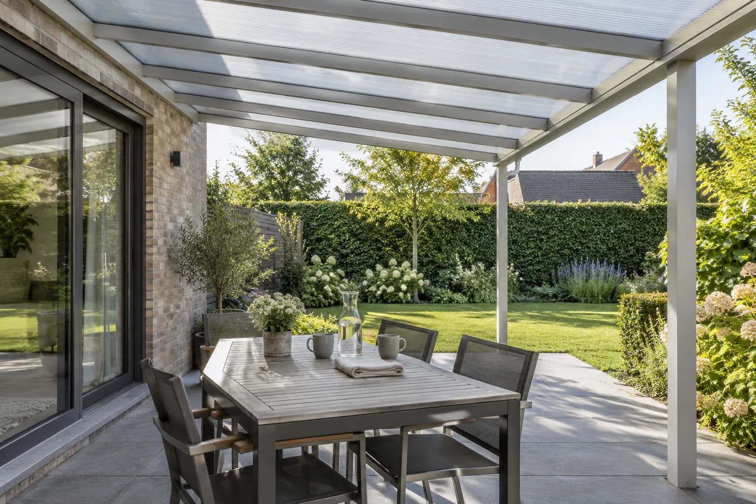 Table avec tasses et carafe sous une toiture en aluminium et polycarbonate ouverte sur le jardin.
