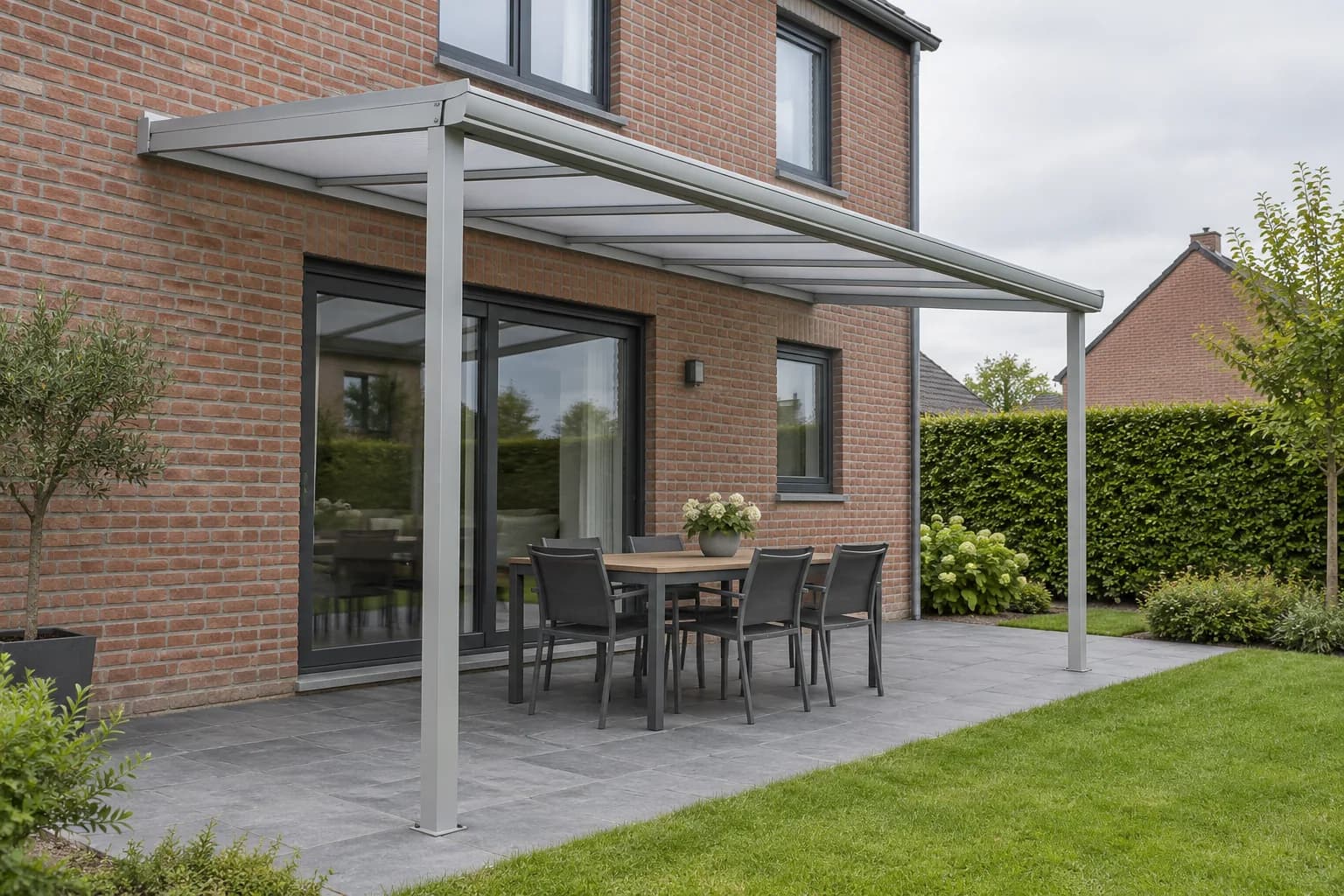 Toiture de terrasse en aluminium gris clair adossée à une maison en briques, avec table et chaises sur dalles grises.