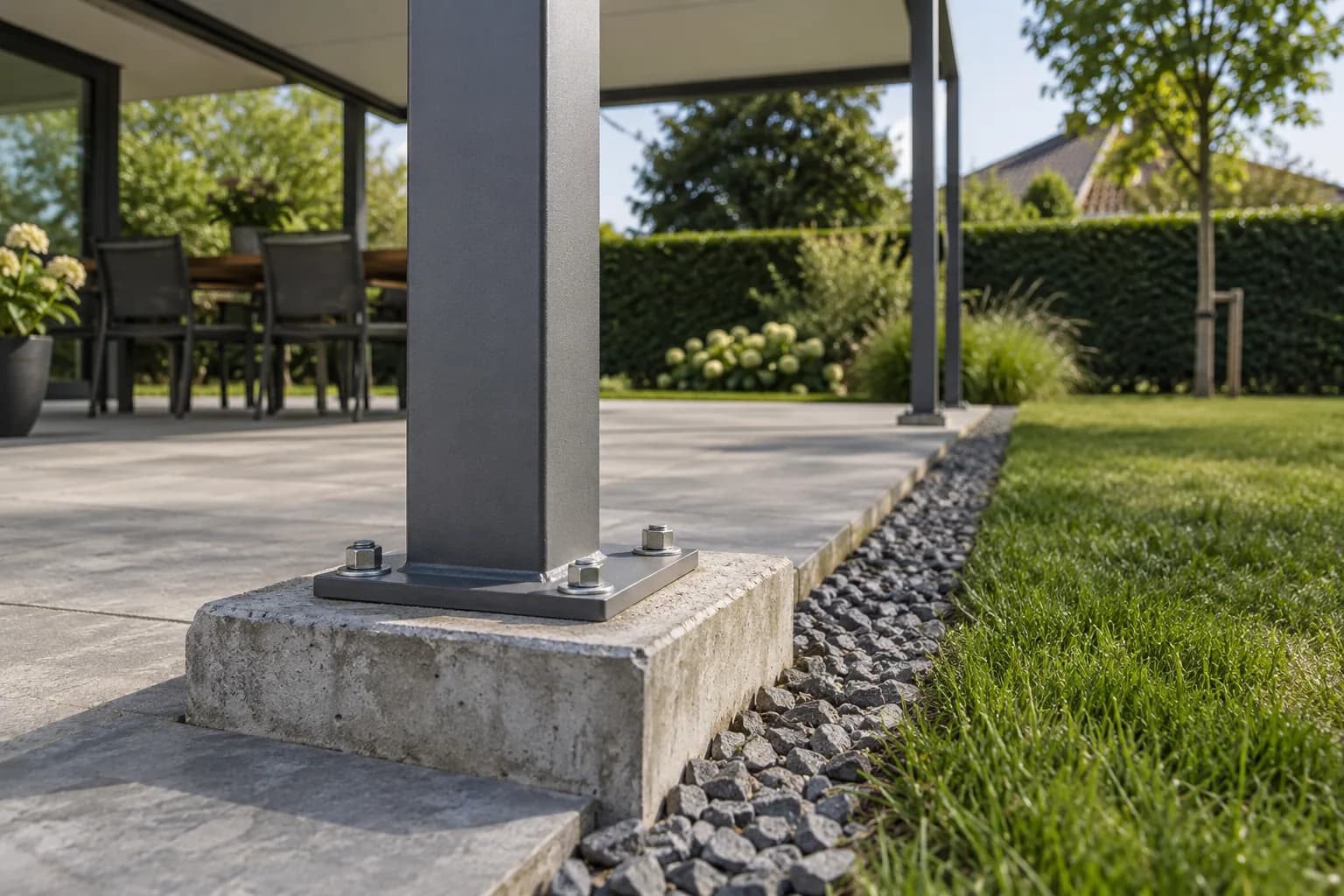 Platine boulonnée d’un poteau gris fixée sur un plot en béton au bord d’une terrasse.