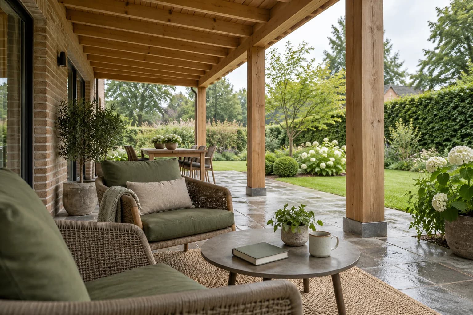 Fauteuils tressés et table basse avec un livre sous une toiture en bois ouverte sur le jardin.