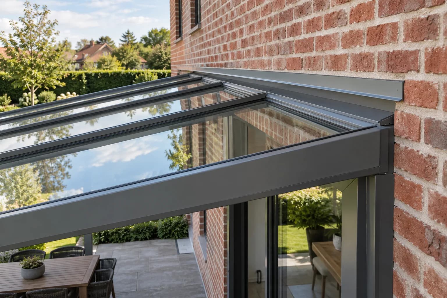 Raccord d'une toiture vitrée à la façade en briques, avec solin métallique et profilés en aluminium.