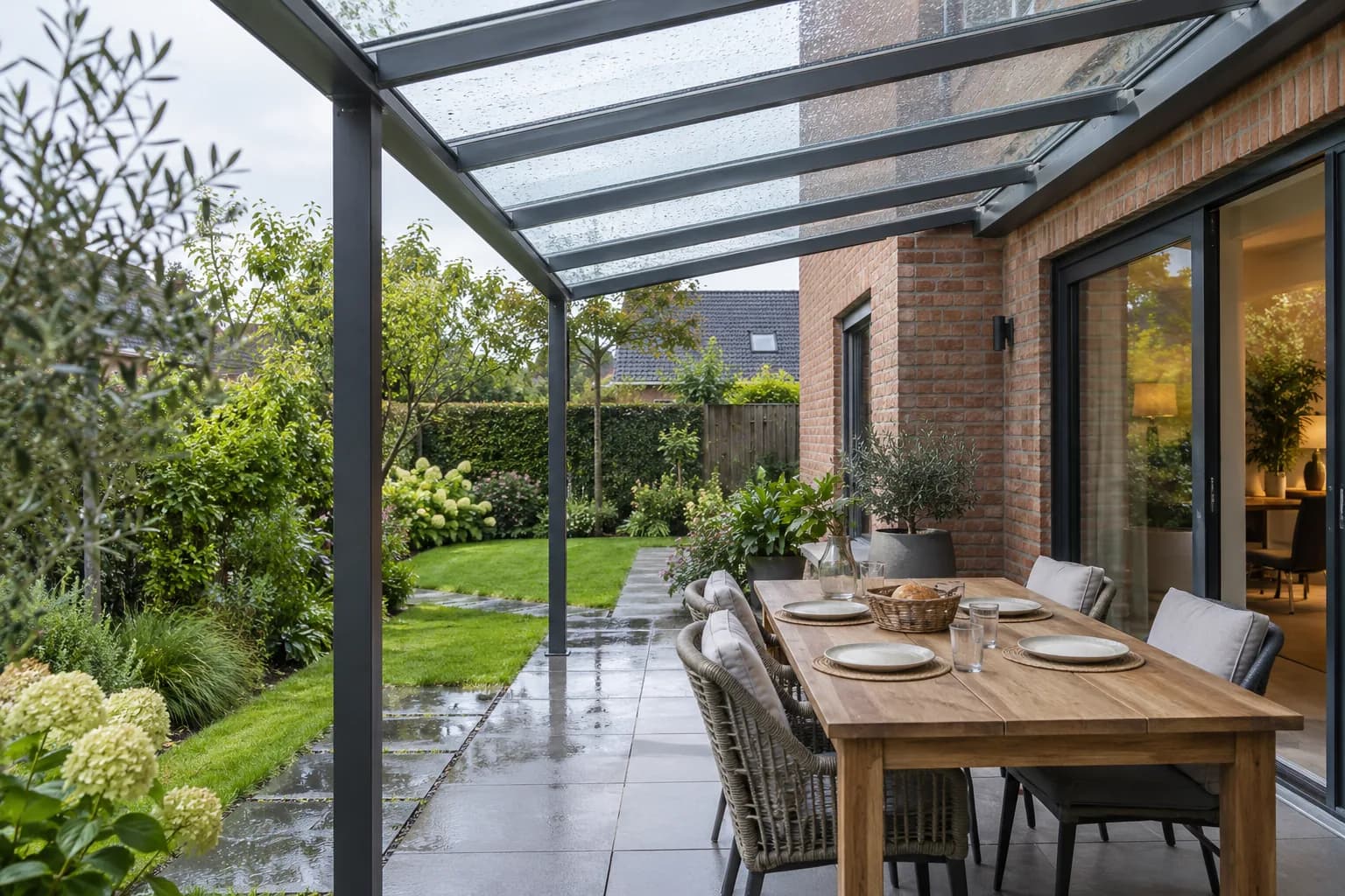 Table dressée sous une toiture de terrasse vitrée après la pluie, avec le jardin ouvert sur le côté.