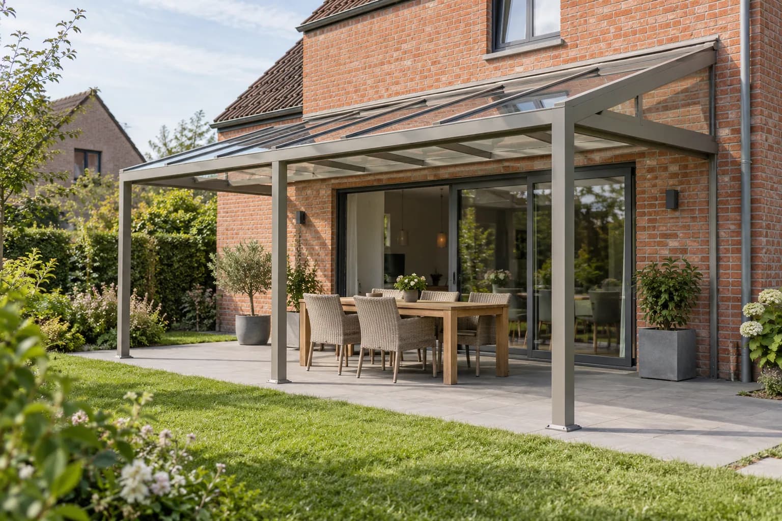 Toiture vitrée sur ossature aluminium couvrant une terrasse avec table et chaises devant une maison en briques.