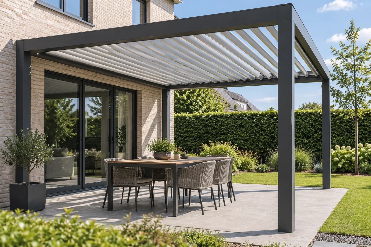 Pergola anthracite à lames blanches inclinées abritant une table devant une maison en briques claires.