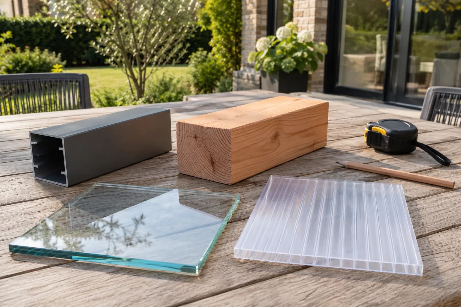Échantillons de profilé aluminium, de bois, de verre et de polycarbonate posés sur une table avec un mètre.