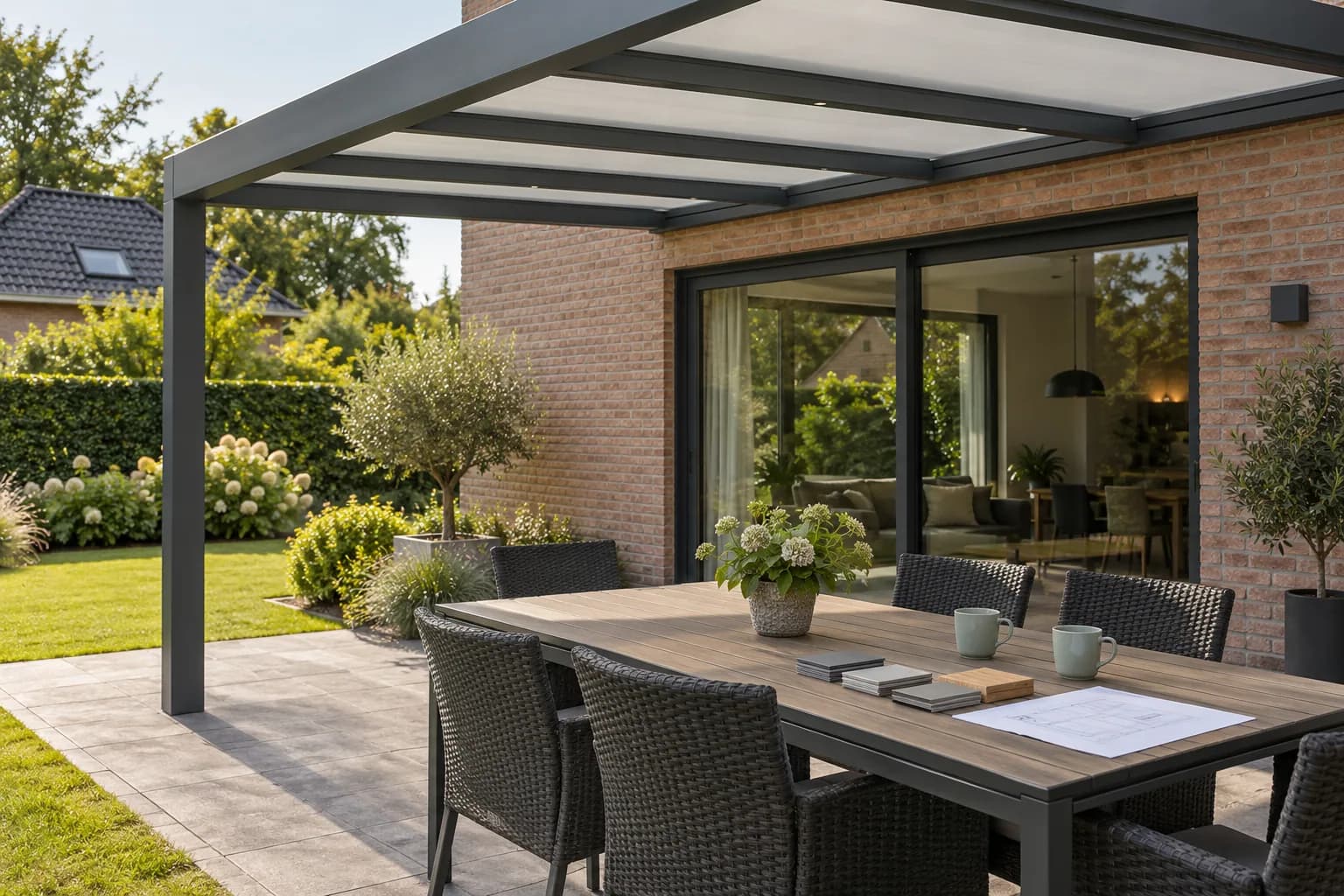 Nuanciers et esquisse sur une table sous une toiture de terrasse, avec un passage libre vers la maison.