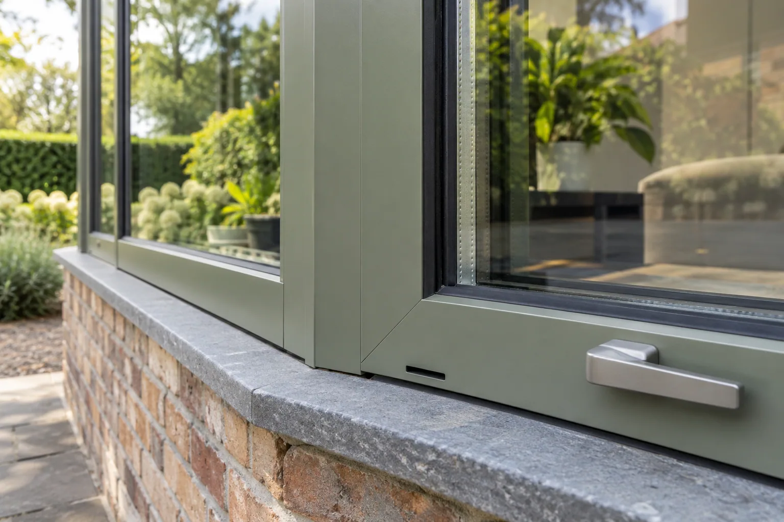Angle d’un châssis aluminium gris-vert avec joint noir, vitrage et appui en pierre sur un soubassement en briques.