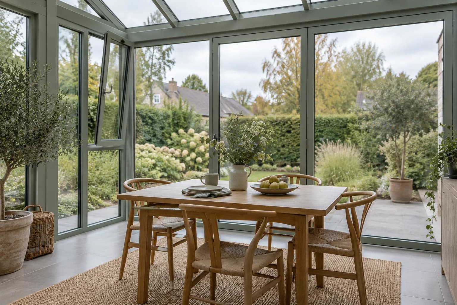Salle à manger dans une véranda à ossature aluminium, avec toiture vitrée et fenêtre entrouverte sur le jardin.