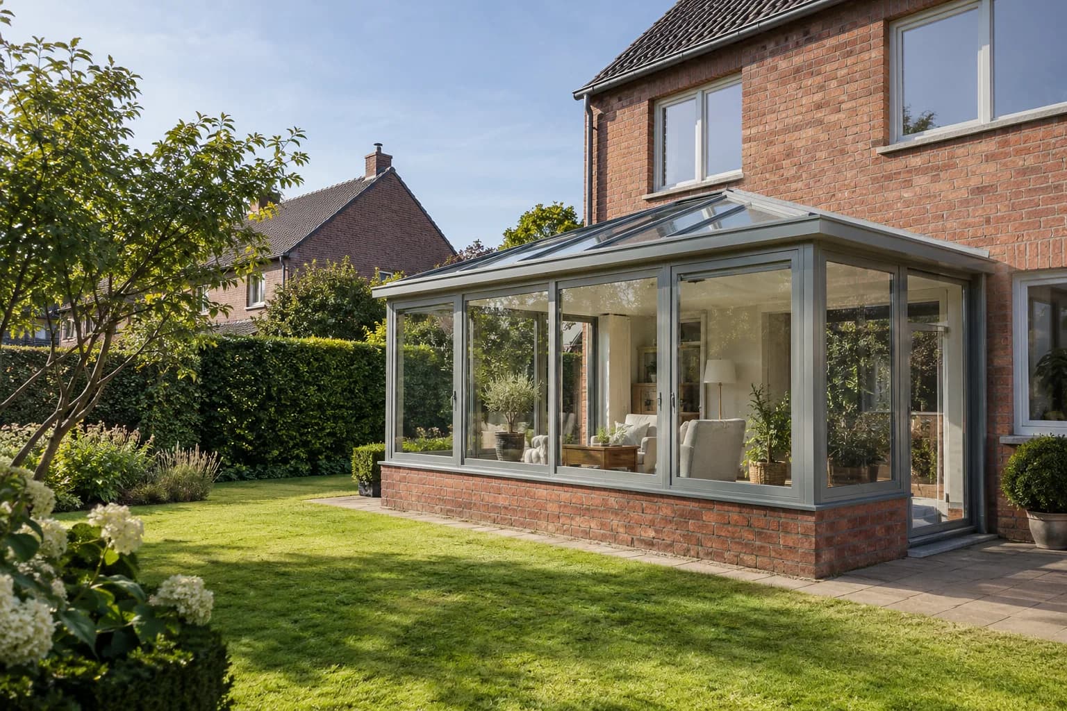 Véranda fermée à châssis aluminium gris-vert et toiture vitrée, adossée à une maison belge en briques.