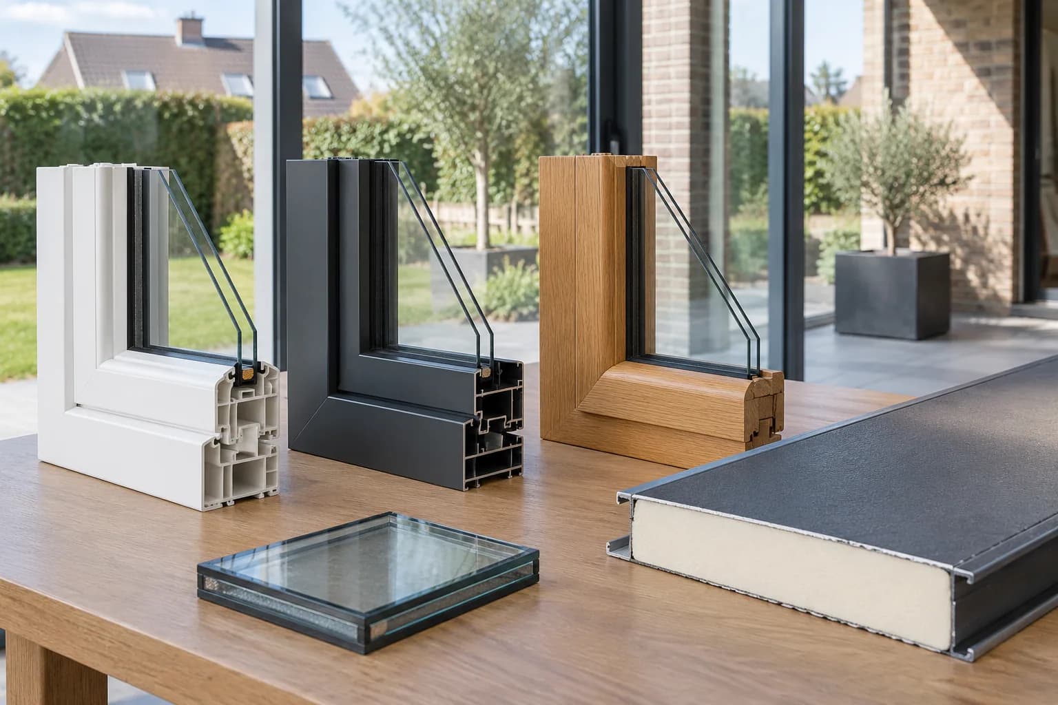 Échantillons de châssis blanc, anthracite et en bois, avec un vitrage et un panneau de toiture isolant.