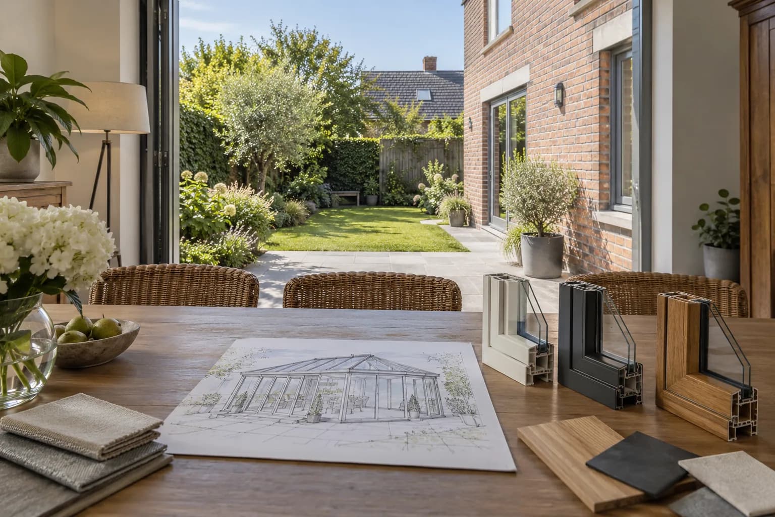 Esquisse de véranda et échantillons de châssis de différentes finitions sur une table donnant sur le jardin.