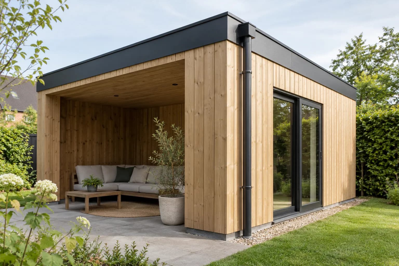 Houten bijgebouw met aluminium dakrand, regenpijp en glazen schuifdeur