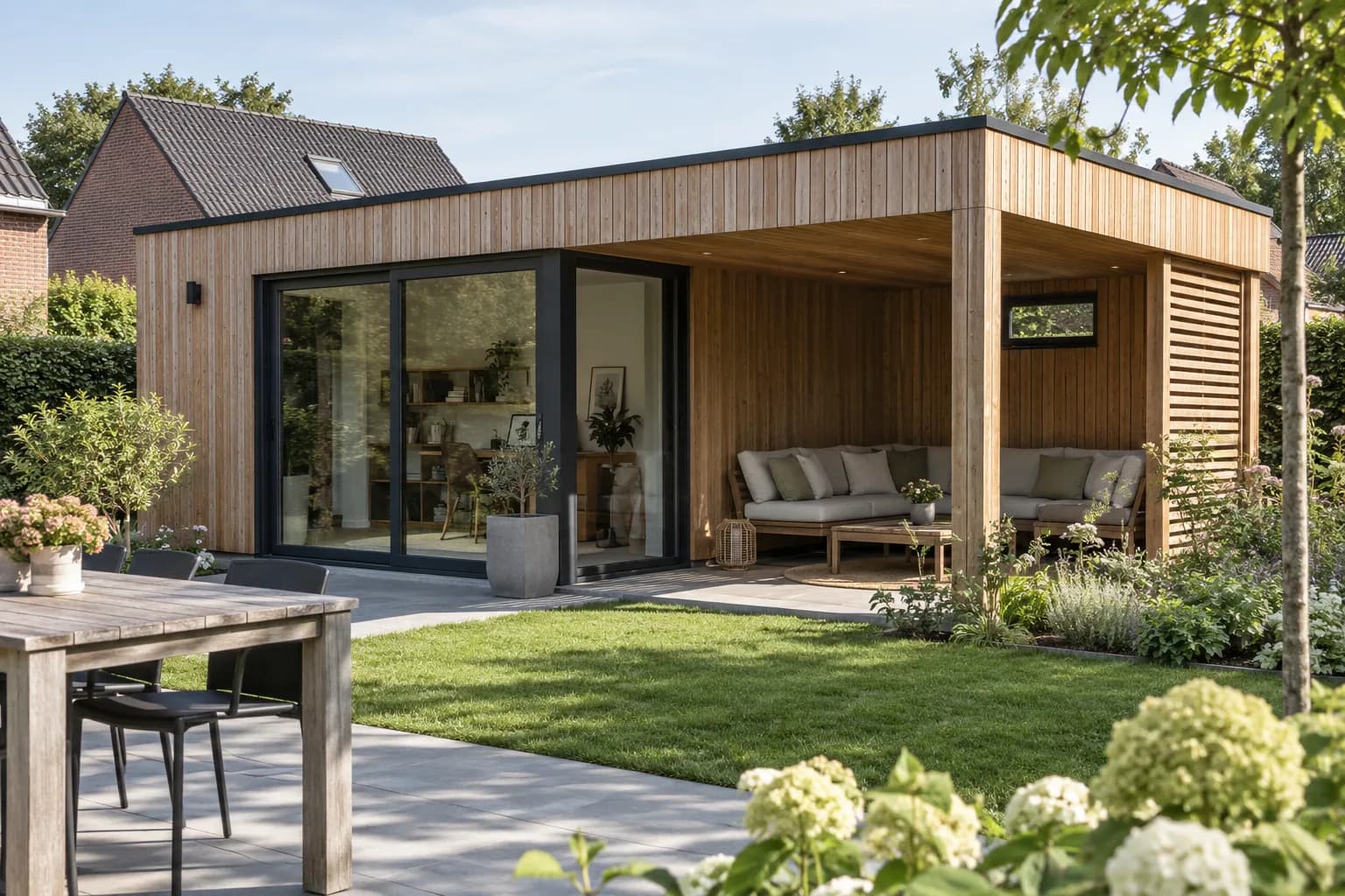 Houten bijgebouw met een gesloten werkruimte en open lounge