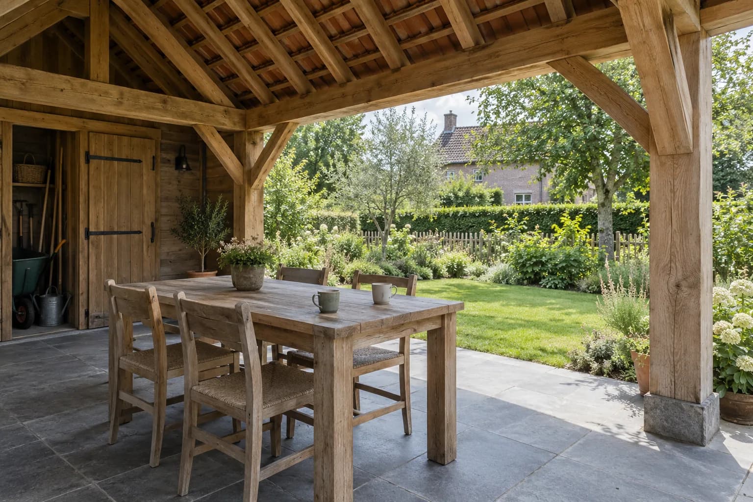 Overdekte eettafel naast een berging met tuingereedschap in een houten bijgebouw met zicht op de tuin
