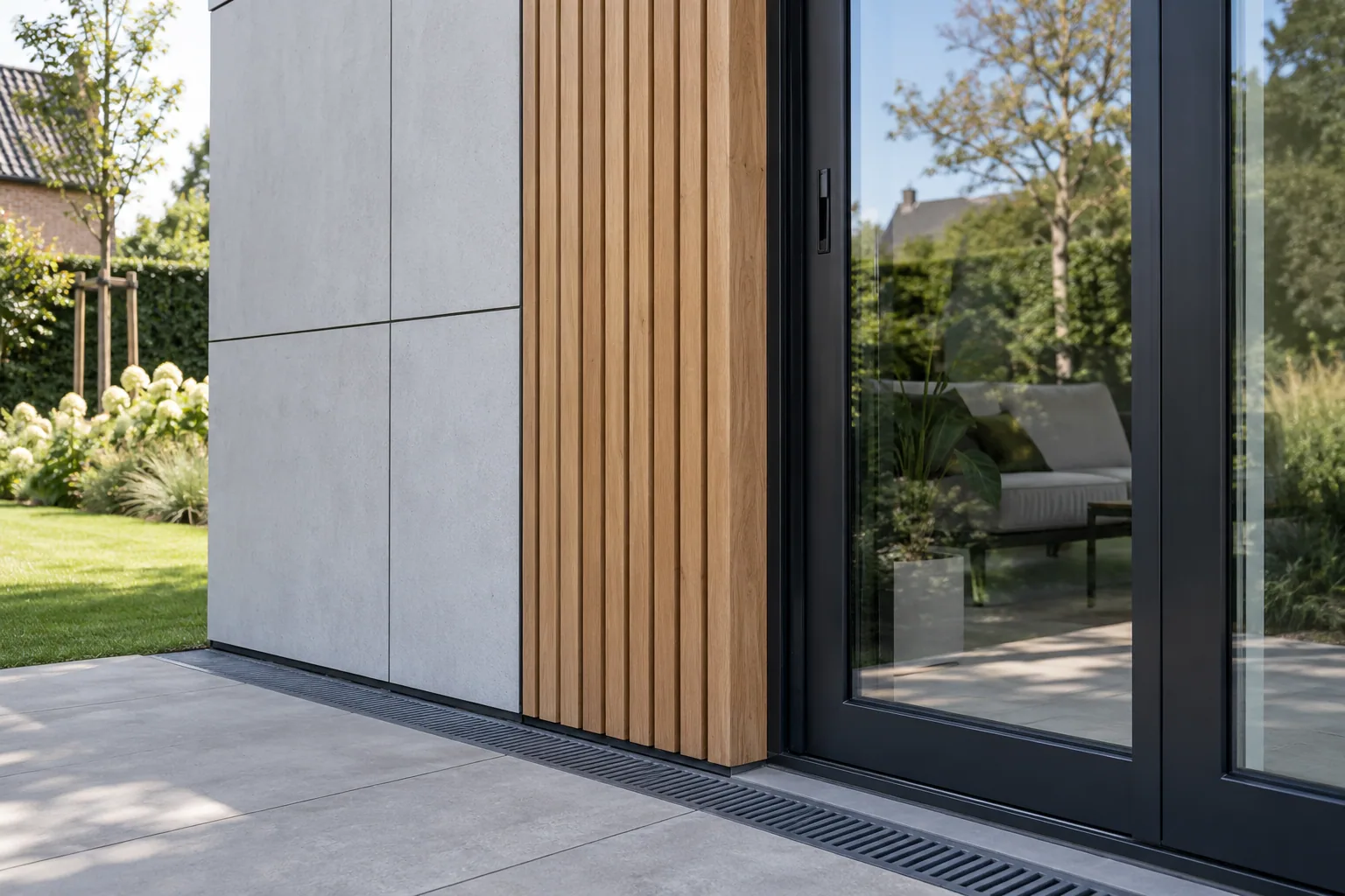 Geveldetail met grijze panelen, houten latten, donker schuifraam en een lang afwateringsrooster langs het terras.