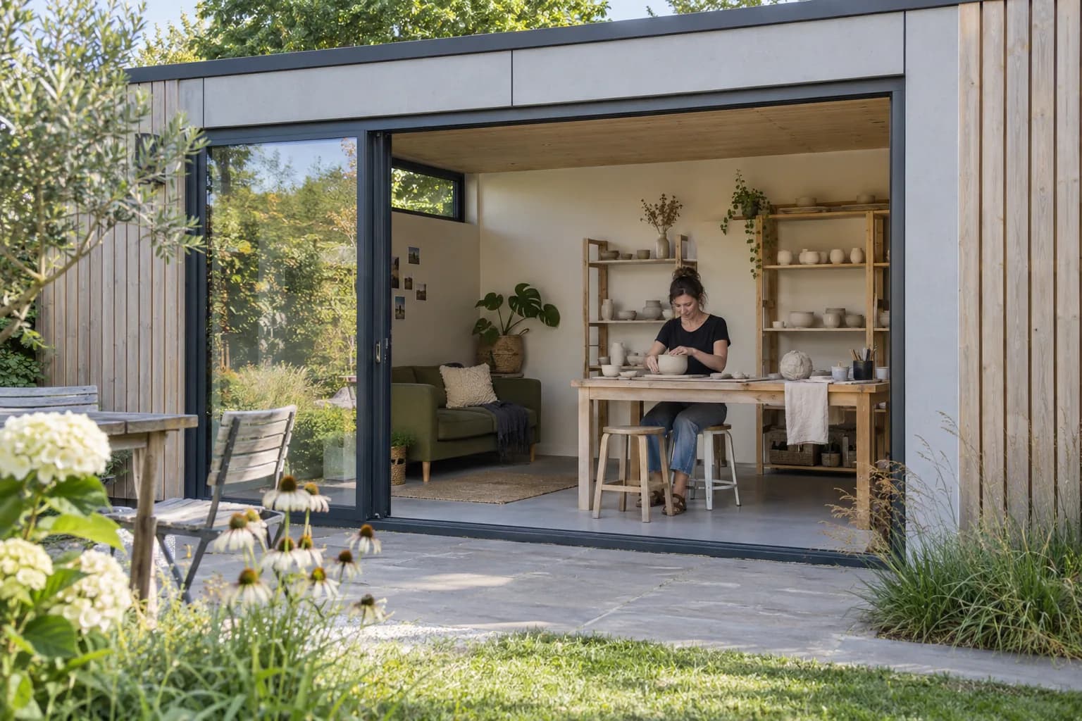 Bewoner vormt een kleikom in een modern tuinatelier met brede open schuifpui, keramiekrekken en een groene zitbank.