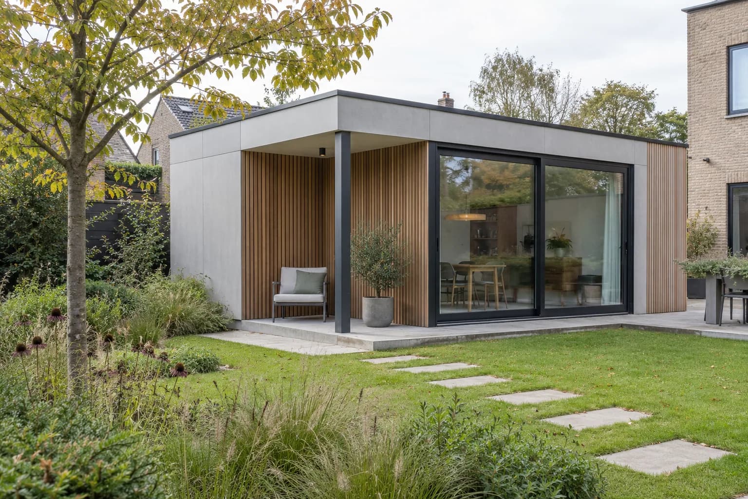 Modern bijgebouw met lichtgrijze gevelpanelen, verticale houten latten, donkere schuiframen en een beschutte zithoek.