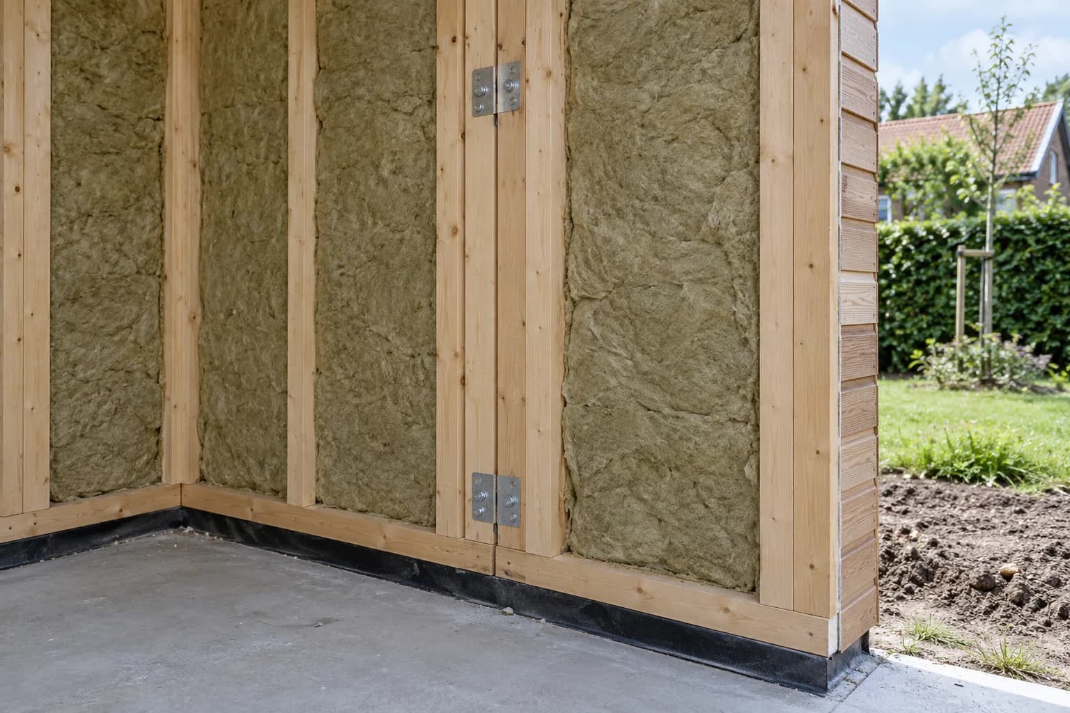 Aansluiting van twee houten prefabwandpanelen met metalen verbindingsplaten, minerale wol en zwarte laag boven de betonvloer.