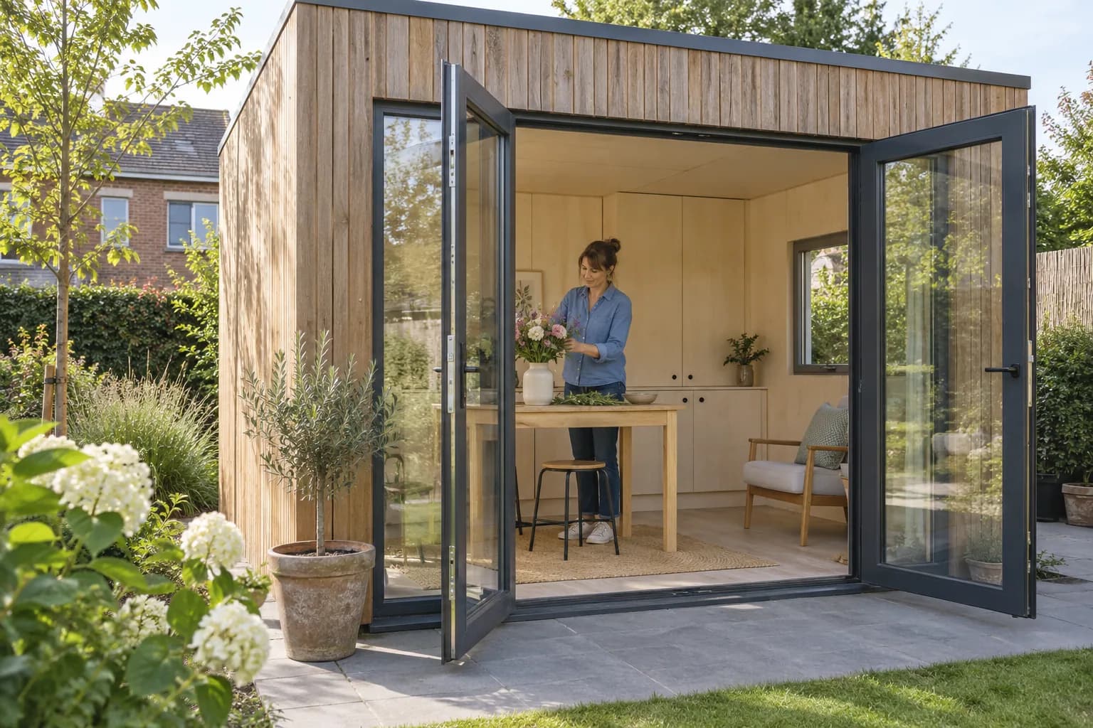 Bewoner schikt bloemen in een houten tuinatelier met open dubbele glasdeuren, ingebouwde kasten en een fauteuil.