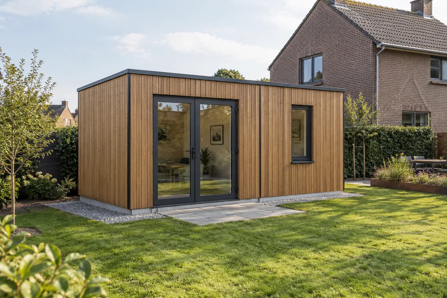 Compact houten bijgebouw met vlak dak, donkere paneelnaden, dubbele glazen deuren en een lage betonnen basis.