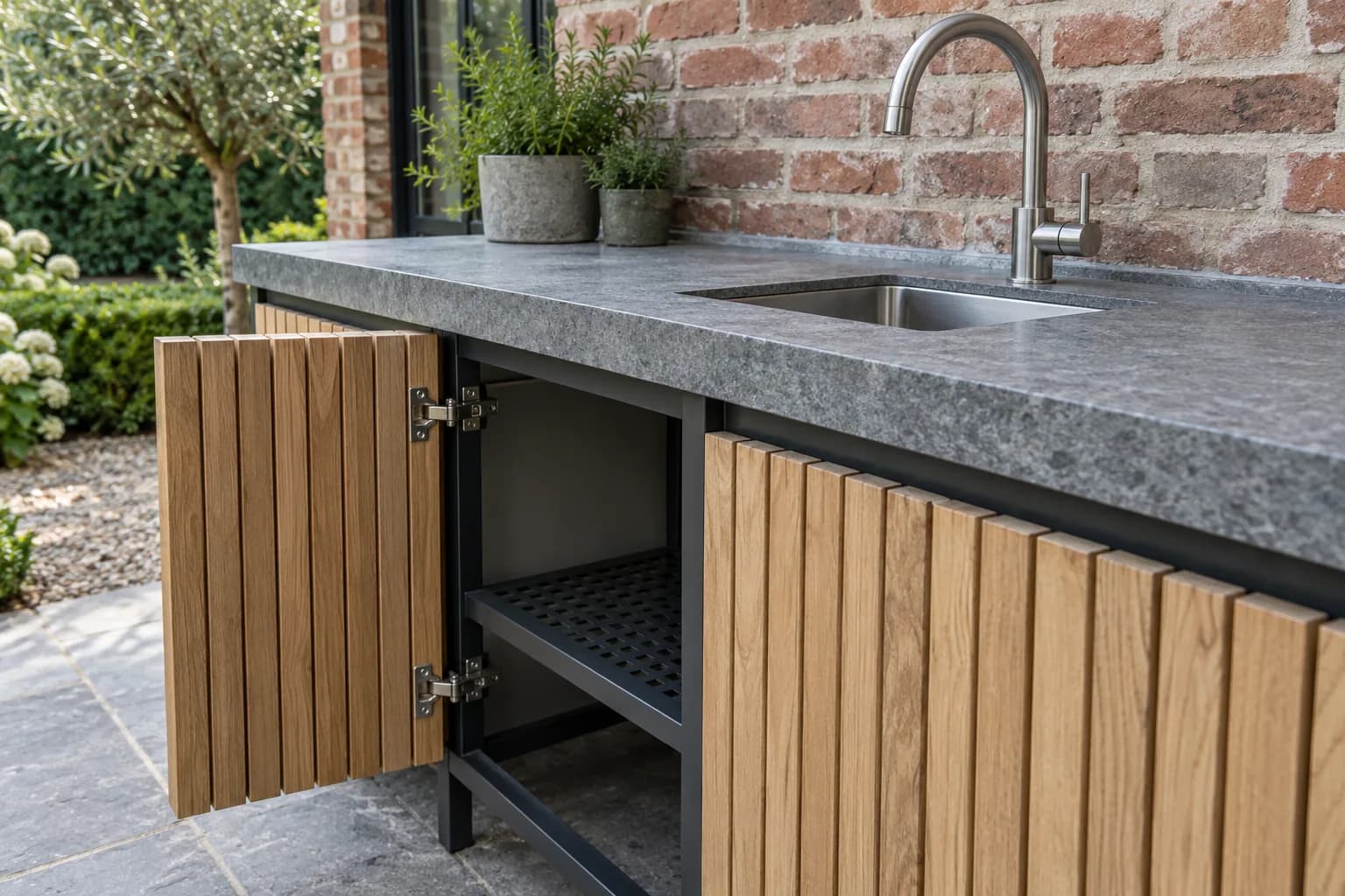 Open houten kastdeur toont het metalen frame en legrooster onder een grijs buitenkeukenblad met spoelbak.