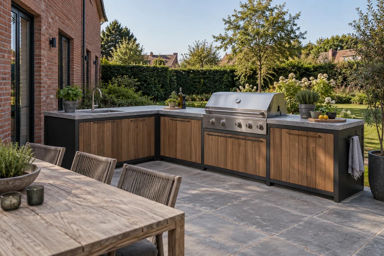 L-vormige buitenkeuken met houten kastfronten, grijs werkblad, spoelbak en roestvrijstalen grill op een open terras.