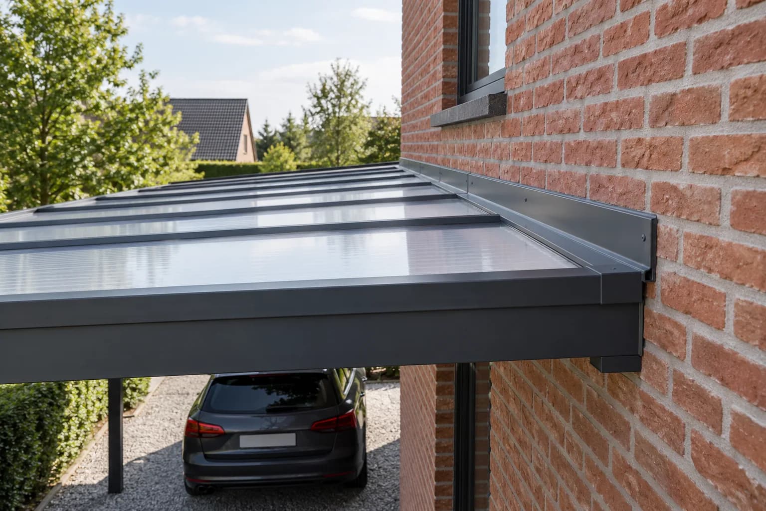 Aansluiting van een lichtdoorlatend carportdak op de bakstenen gevel van een woning.
